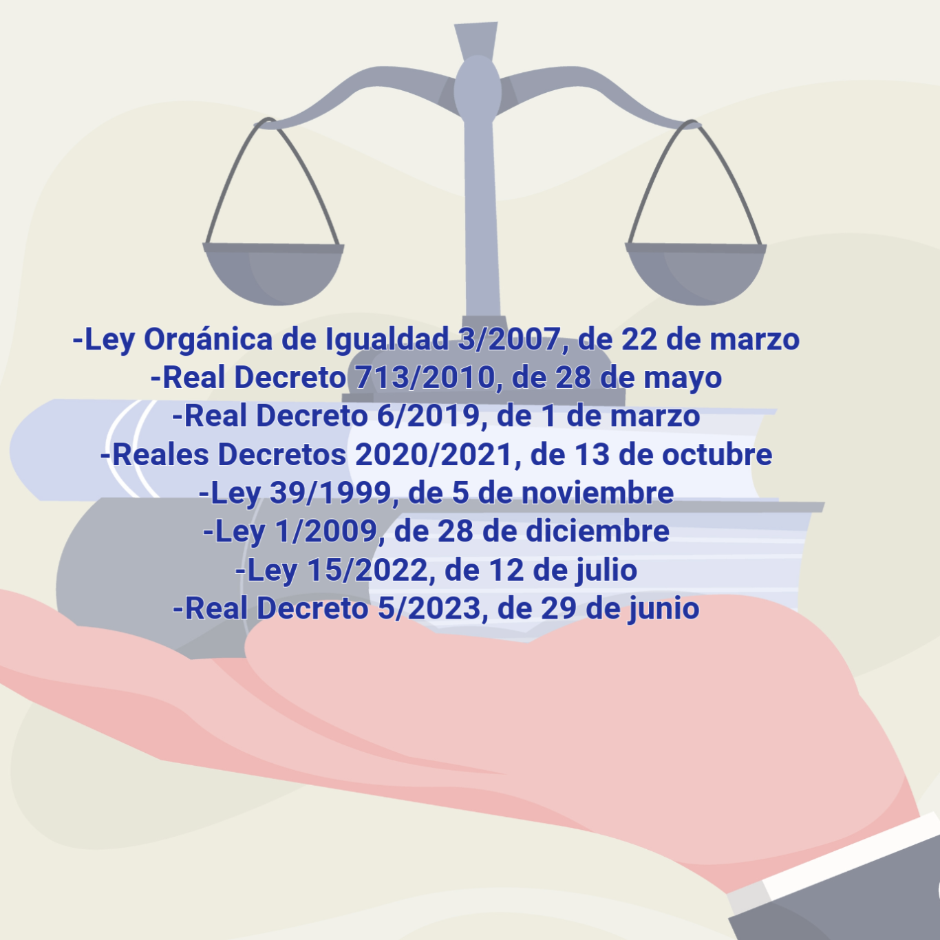 Balanza de la justicia con textos de legislaciones relacionadas con la igualdad.