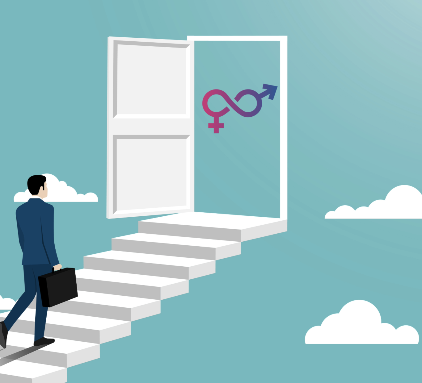 Hombre con maletín subiendo escaleras hacia una puerta que representa la igualdad de género.