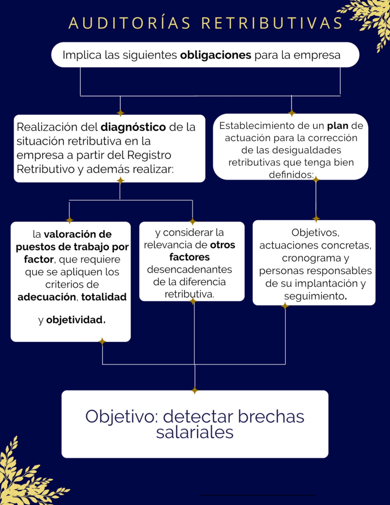 Diagrama sobre diagnóstico y plan de acción en la empresa, con pasos a seguir y objetivos.